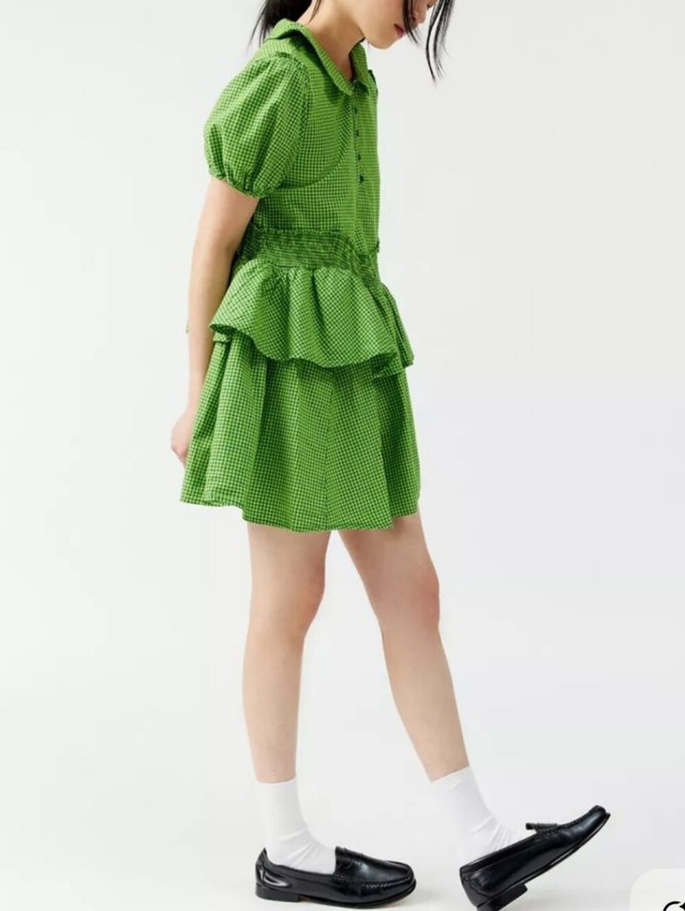 Urban Outfitters Claire Ruffle Tiered Babydoll Dress Green Check Clowncore XS